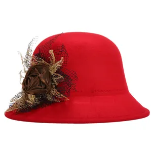 Classic red wool cloche hat with silk rose and lace veil detail for elegant women