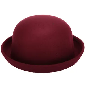 Vintage Woolen Felt Bowler Hat For Women Round Top Rolled Edge Classic Derby Hat Warm Fashion Dress Cap Accessories