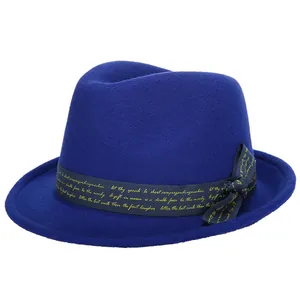 Royal blue wool felt jazz fedora with gold lettered ribbon and bow detail for women