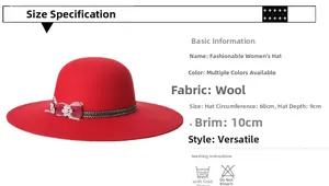 Detail of red wool felt wide brim hat showing size dimensions and decorative ornaments