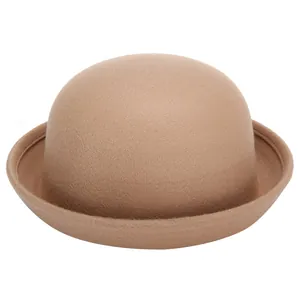 Classic camel wool felt bowler hat for women with a vintage round top and rolled brim style
