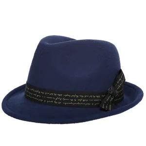 Classic dark blue wool felt fedora with elegant black ribbon and gold calligraphy lettering