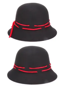 Close-up of wool felt cloche hat with distinct red stitch lines and side tassels