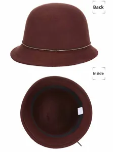 Detail view of dark brown wool fedora back side and inner black sweatband with tag