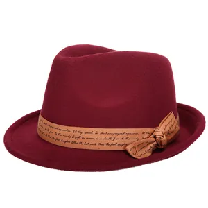 Classic burgundy wool fedora hat with elegant patterned ribbon and bow detail