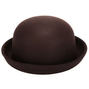 Classic dark brown wool felt bowler hat with a round crown and curled brim design