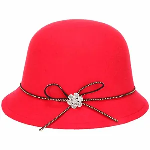 Women Vintage Woolen Cloche Hat With Rhinestone Flower Bow Elegant Winter Warm Fedora Bucket Hat For Wedding Banquet Party