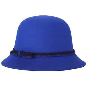 Fashionable Klein blue wool felt cloche hat with black bow ribbon and contrast stitching