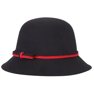 Elegant black wool cloche hat for women with red contrast ribbon and bow accent