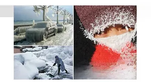 Winter collection montage showing icy car and snow removal for extreme cold weather