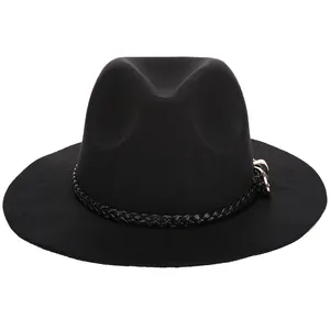 Cappello fedora nero a tesa larga da donna con fascia in pelle e fibbia dorata