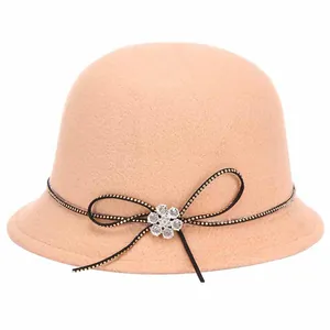 Khaki wool felt bowler hat for women with black bow ribbon and sparkling rhinestone flower