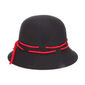 Classic black wool felt top hat for women with elegant red decorative rope knot