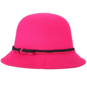 Elegant rose red wool felt fedora hat with bow ribbon detail for women's autumn fashion