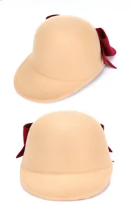 Detailed views of a camel wool felt equestrian hat with a large deep red bow accent