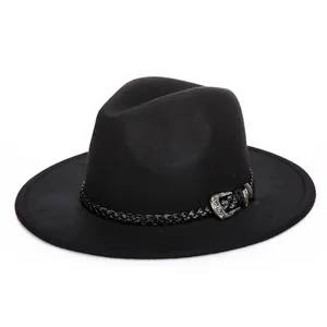 Classic black wool felt wide brim jazz hat with woven band and vintage metal buckle