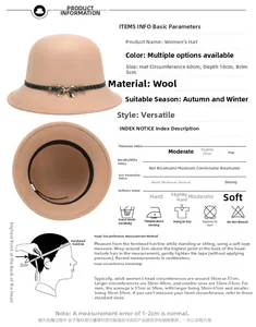 Sizing guide for women's wool cloche hat showing dimensions 60cm circumference and 10cm depth