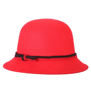 Elegant red wool felt fedora hat for women with bicolor decorative band and bow