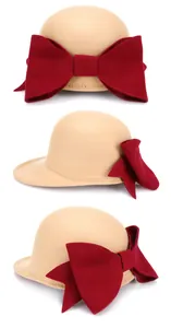 Detailed views of wool felt equestrian hat with large red ribbon bow decoration