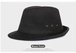 Detail of black wool fedora hat featuring three gold metal ventilation rings on the side
