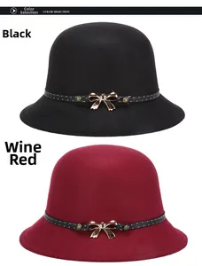 Elegant wool felt cloche hats for women in black and wine red with bow accents