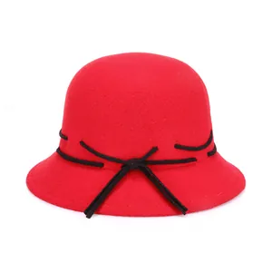 Classic red wool cloche hat for women featuring an elegant black bow tie decoration