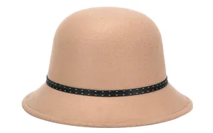 Close-up of camel wool cloche hat with black ribbon and detailed white stitching