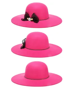 Three-way view of a pink wide brim wool fedora hat with mesh bow and crystal flower