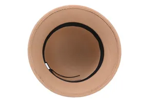 Detail view of khaki wool felt hat interior with adjustable drawstring and sweatband
