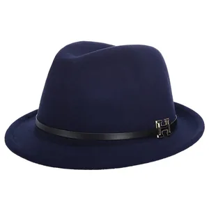 Elegant navy blue wool fedora hat with black leather band and golden H metal buckle