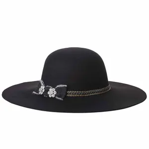 Women Elegant Wide Brim Woolen Fedora Hat With Bowknot Rhinestone Flower Vintage Felt Hat For Ladies Fashion Accessories