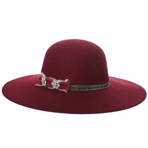 Elegant wine red wide-brim wool fedora hat for women with bow and crystal accents