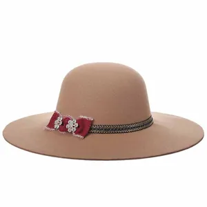 Elegant wide brim camel wool fedora hat for women with red ribbon and rhinestone flowers