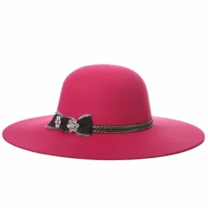 Elegant rose red wide brim wool felt fedora hat with black bow and crystal floral detail