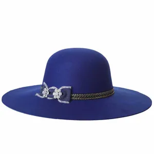 Elegant royal blue wide-brimmed wool felt hat with gold chain and rhinestone flower detail