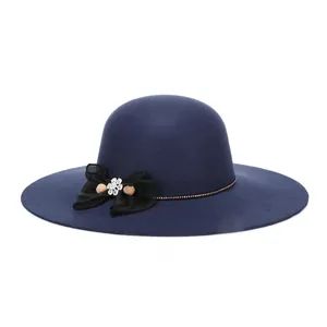 Elegant navy blue wide-brim wool fedora with gold chain and lace rhinestone bow