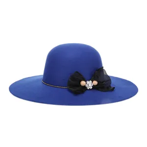 Women's wide brim wool felt fedora hat in navy blue with mesh bow and chain detail