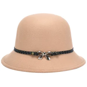 Vintage Women Woolen Cloche Hat Elegant Fedora Basin Cap With Bowknot Polka Dot Ribbon Winter Warm Fashion Party Dress Hat