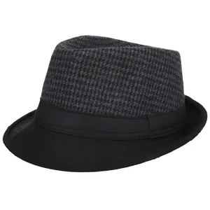 Classic men's wool fedora hat with grey houndstooth crown and black wide brim