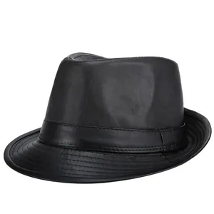 Classic black leather fedora hat for men featuring premium texture and vintage design
