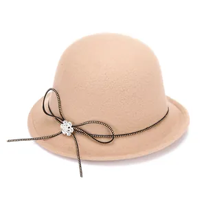 Vintage Wollfilz Glockenhut Für Damen Eleganter Bogen Strass Blume Dekor Kurze Krempe Winter Herbst Einfarbiger Zylinder