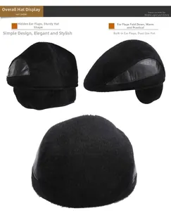 Detail of winter men's flat cap with thick faux fur texture and foldable ear flaps