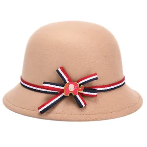 Sombrero Cloche de Fieltro de Lana para Niños Estilo Preppy Vintage Copa Redonda Lazo Cinta Decoración Animal Dibujos Animados Niñas