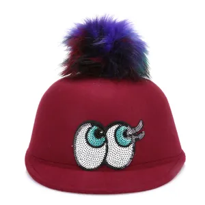 Women Woolen Felt Equestrian Hat With Big Sequin Eyes And Colorful Pom Pom Fashionable Bowler Hat For Party Winter Headwear
