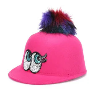 Cute pink felt hat with cat ears, colorful pompom and sequin eye embroidery for women
