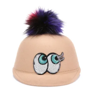 Chic khaki wool felt hat with cat ear shape, colorful fur pom and sequin eyes decoration