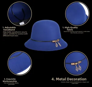 Detail view of wool cloche hat showing adjustable sweatband and gold leaf pendant