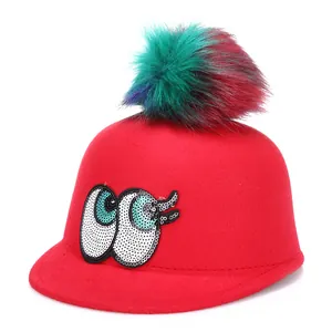 Red cat ear style felt hat for women with colorful faux fur pompom and sequined eyes