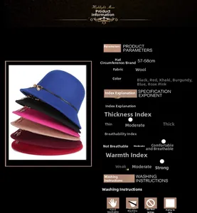 Detail view of multicolored wool cloche hats with decorative metal leaf pendant charm