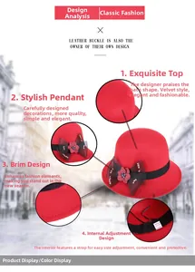 Détails du chapeau en feutre rouge avec ruban réglable interne et décoration florale